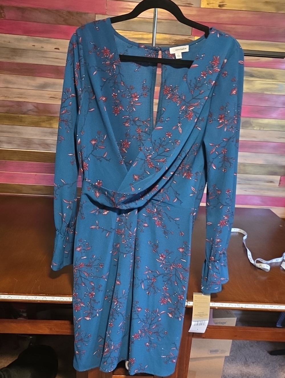 Eyeshadow Teal Floral Long-Sleeve Faux Wrap Dress